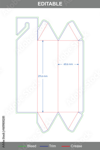 Custom dimensions triangular box dieline vector template with polygonal geometry, fold lines, and cutting guides for professional packaging mockup and box design printing