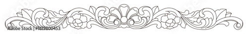 Symmetrical ornamental border with elaborate floral and scroll pattern in line art.