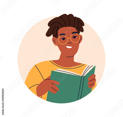 Man in glasses, reading book, student avatar in circle. Young male reader smiling, holding literature, studying. Round user profile, portrait. Flat vector illustration isolated on white background