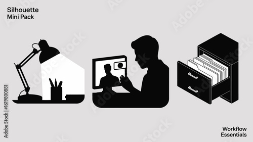 Illustration of a workspace with a desk lamp, computer with video call and filing cabinet items