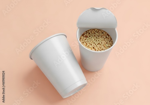 Mockup of instant noodles in white cups on peach background