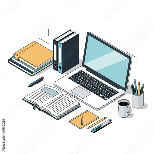 Organized desk setup with laptop books notebooks pens and coffee for productive work environment