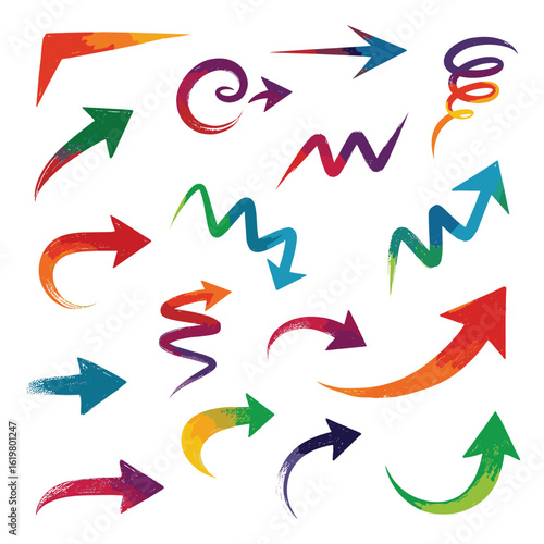 Collection of colorful arrow graphics with diverse stylistic variations and dynamic directions