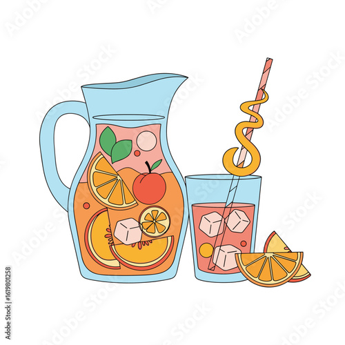 Refreshing citrus fruit punch served in a pitcher and glass with ice and orange slices for a summer party beverage