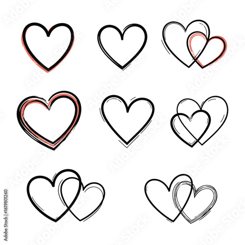 Collection of stylized heart shapes hand drawn with textured brush strokes and artistic heart designs