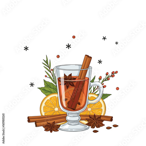 Festive mulled wine with spices and orange slices for winter celebrations