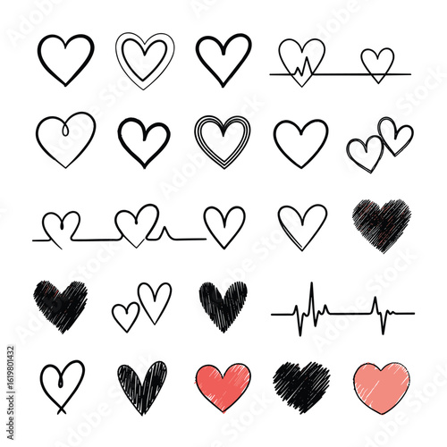 Collection of drawn hearts with ecg lines and solid fill variations representing love and life connections