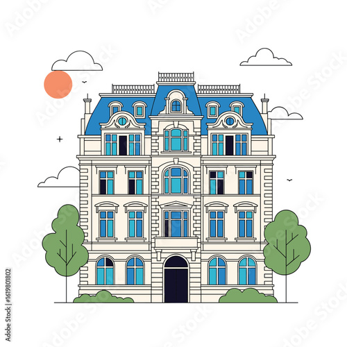 Elegant parisian apartment building with blue mansard roof and lush green trees on a sunny day
