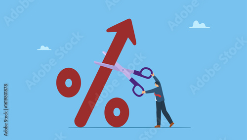 Vector illustration of businessman cuts percentage mark with scissors. Stop Inflation concept, high interest rate on loans, economic crisis, central bank raised interest rate to curb soaring inflation