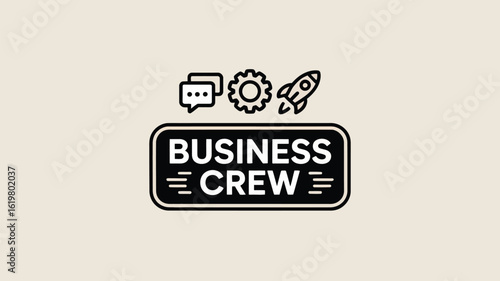 A graphic of a business crew logo with a chat bubble, gear, and rocketship on a light background