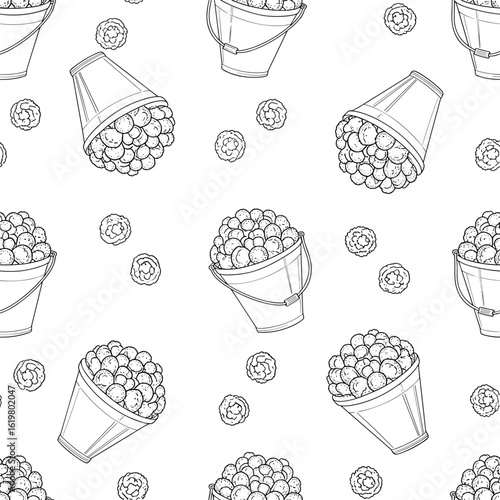 Charming hand drawn buckets filled with cherries scattered across a clean white background