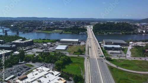 Wallpaper Mural Aerial timelapse view of a busy highway stretching across the Tennessee River toward downtown Chattanooga, Tennessee. Torontodigital.ca