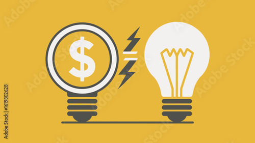 Illustration showing a dollar coin and lightbulb connected by lightning bolts on a yellow background