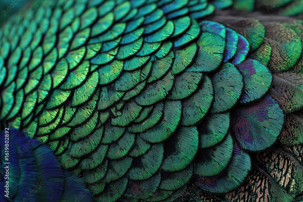 Fototapeta premium Close-up of iridescent teal and green overlapping bird feathers