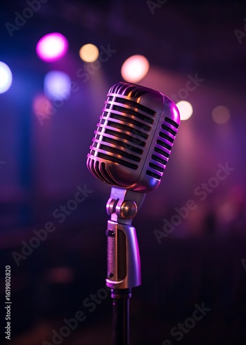 Vintage microphone on stage with colorful spotlights and smoke