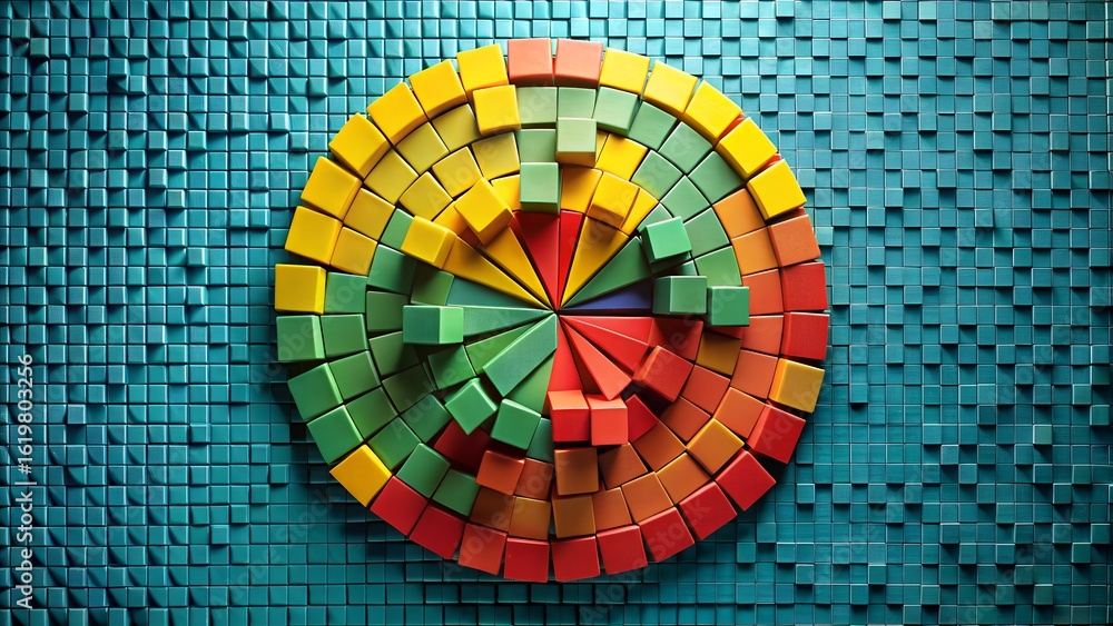 Fototapeta premium Colorful abstract circular data visualization with radiating segments and cubes, symbolizing business growth, information analysis, and strategic planning