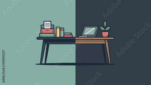 A desk with a laptop plant and books split between light and dark background illustration