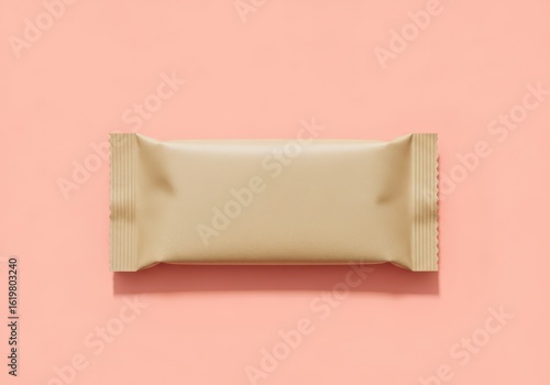 Mockup of a light beige snack bar package on a pale pink background