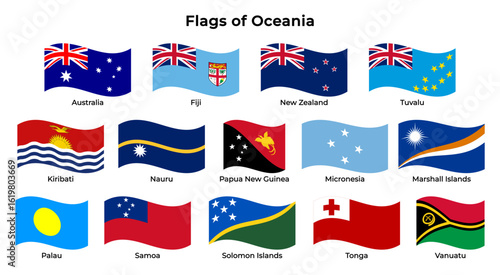Collection of Oceania country wavy flags including Australia, Fiji, New Zealand, and others, isolated on a transparent background. Perfect for educational, travel, or cultural projects. Vector