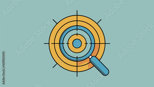 A target with concentric circles and crosshairs is being examined by a blue magnifying glass tool