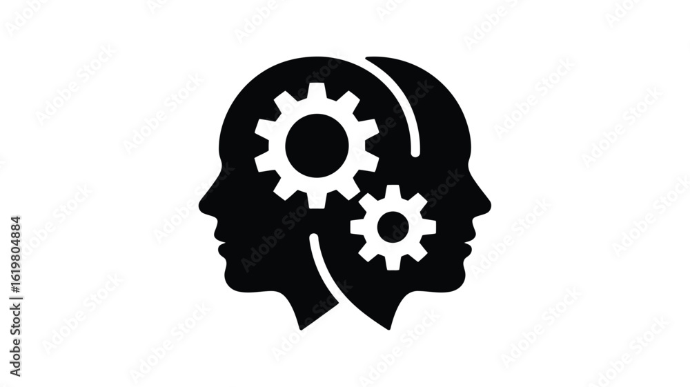 Two black silhouette heads with gears inside, representing thought process and collaboration concept Two black silhouette heads with gears inside, representing thought process and collaboration concept