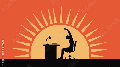 Silhouette of woman stretching at desk with lamp and book against sunburst orange background