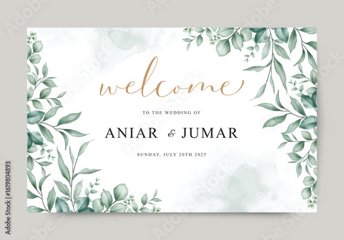 Wedding welcome sign template set with beautiful watercolor green foliage