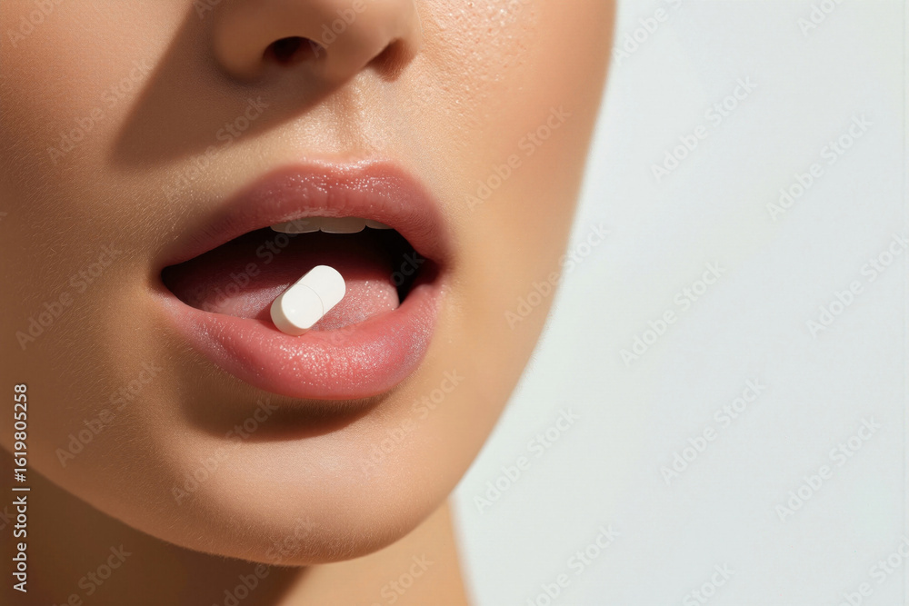 Obraz premium Close-up of a Woman Preparing to Take a White Pill in a Well-Lit Setting Emphasizing Health and Wellness Practices