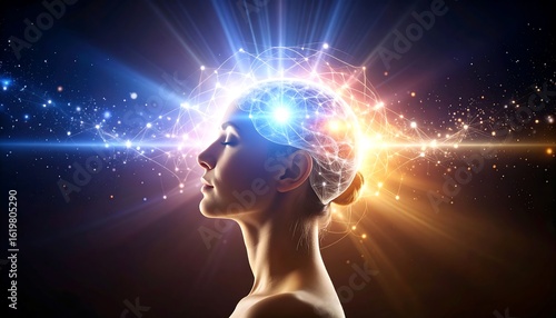 Illuminated female profile, brain outlined with light rays
