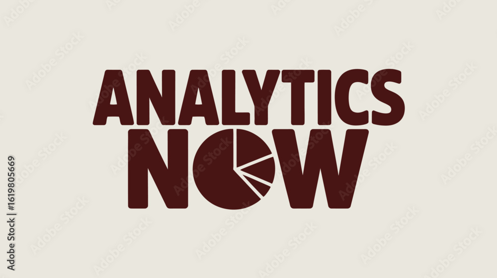 Fototapeta premium A stylized text graphic featuring the words analytics now with a pie chart incorporated into the word