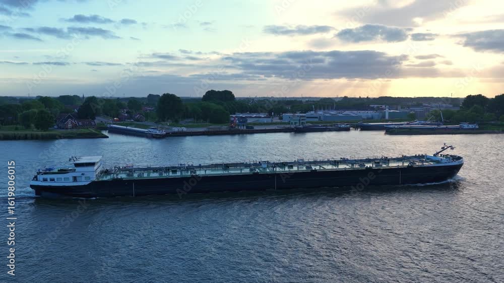 Oil Tanker Ship Sailing Along River Waterway, Aerial Tracking Side View Oil Tanker Ship Sailing Along River Waterway, Aerial Tracking Side View