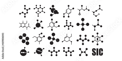 Collection of black and white molecule structures and sic text on a white background