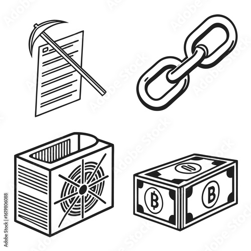 Illustration showing a pickaxe on a document, a chain, a fan, and a stack of bitcoin themed money, line art