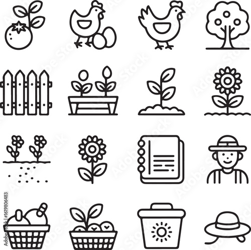 Set of linear icons depicting farming, agriculture, and gardening activities. Includes farmer, chicken, plants, and tools.