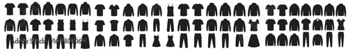 Silhouette collection of various types of clothing items arranged in neat rows on a white background