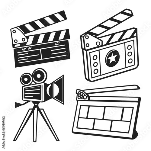 Icon Set Vector Cinema Production Film Making Equipment Illustration with Retro Style