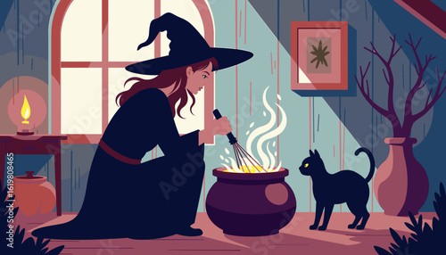 Witch stirring a cauldron while black cat watches in cozy cabin  