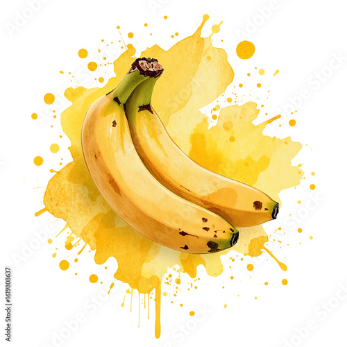 Vibrant bananas on an abstract sunny yellow watercolor splash, a burst of natural color
