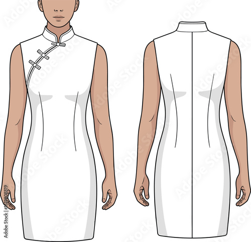 Modern sleeveless cheongsam dress design, traditional Chinese qipao style, front and back technical fashion flat sketch, elegant garment template.
