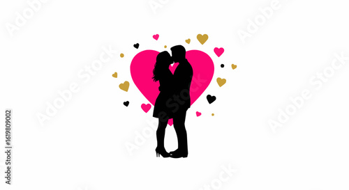 Silhouette of couple kissing surrounded by hearts, symbolizing love and affection.