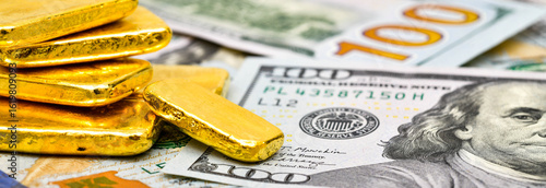 Paper us 100 dollar bill with gold bars, concept of investment and saving, wealth	