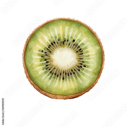 Delicate watercolor kiwi slice radiating freshness on an isolated transparent background showing