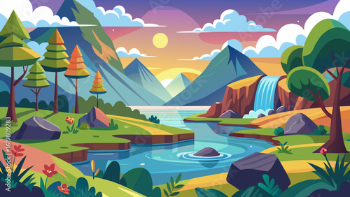 Vector art of vibrant cartoon landscape with majestic mountains, a flowing river, and a cascading waterfall under a colorful sunset sky with fluffy clouds