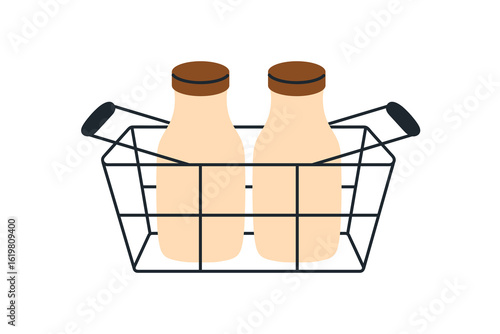 Milk, glass bottles in shopping basket. Fresh farm dairy drink, milky beverag...