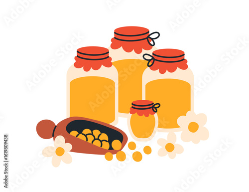 Honey, natural nectar in jars, perga, bee bread in scoop. Apiary, beekeeping ...