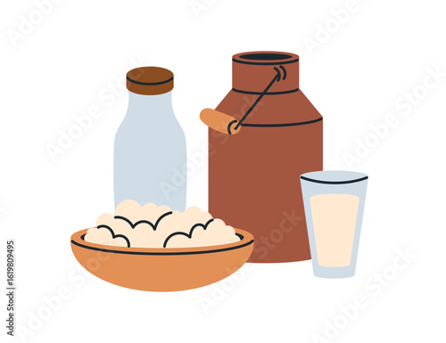 Milk and curds. Farm dairy produce. Fresh country drink, beverage in bottle, ...