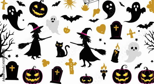 Halloween-themed collection of whimsical illustrations and spooky imagery.