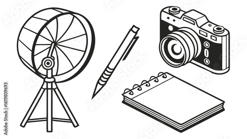 Illustration showing a camera, notebook, pencil and a photography softbox light on a white background
