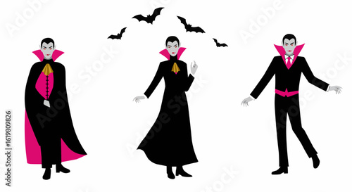 Three figures of vampire are with flying bats.