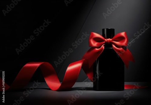 Dark perfume bottle adorned with a vibrant red ribbon bow